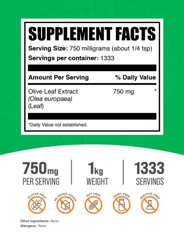 Bolsa polvo extracto hoja de olivo BulkSupplements para antioxidantes