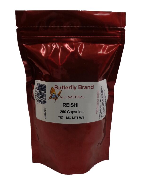 Bolsa roja resellable con cápsulas de hongo reishi 750mg