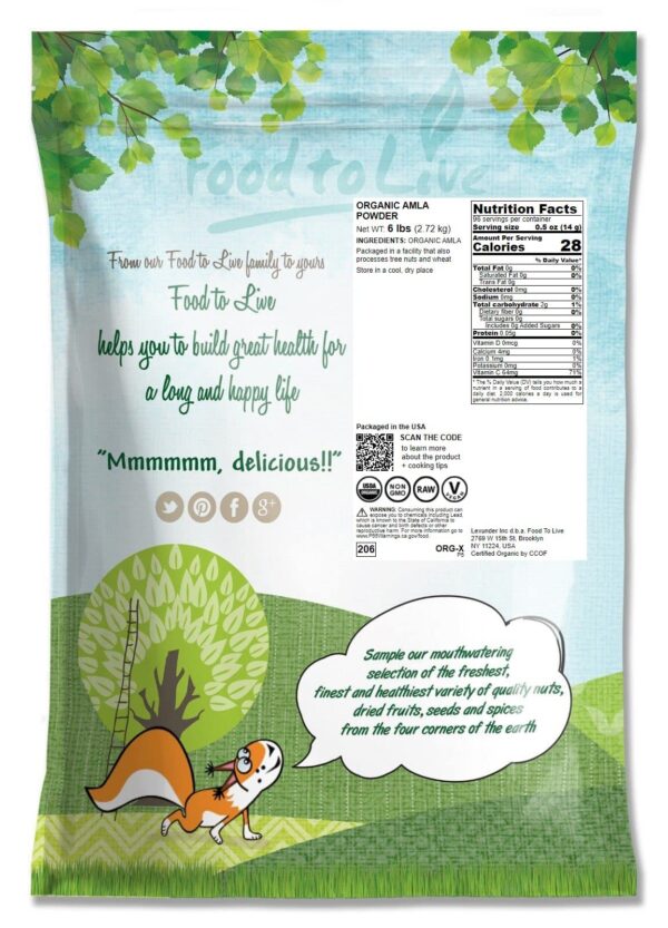 Bolsas envase resellable polvo Amla Food to Live 6 libras