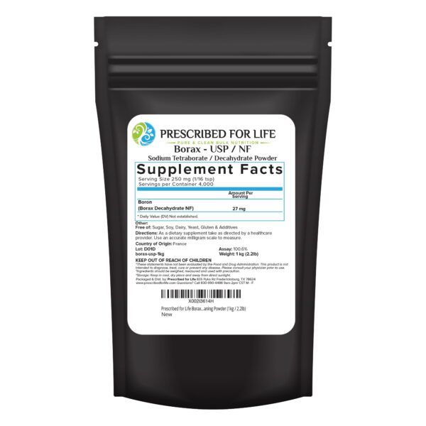 Bórax en bolsa y etiqueta frontal