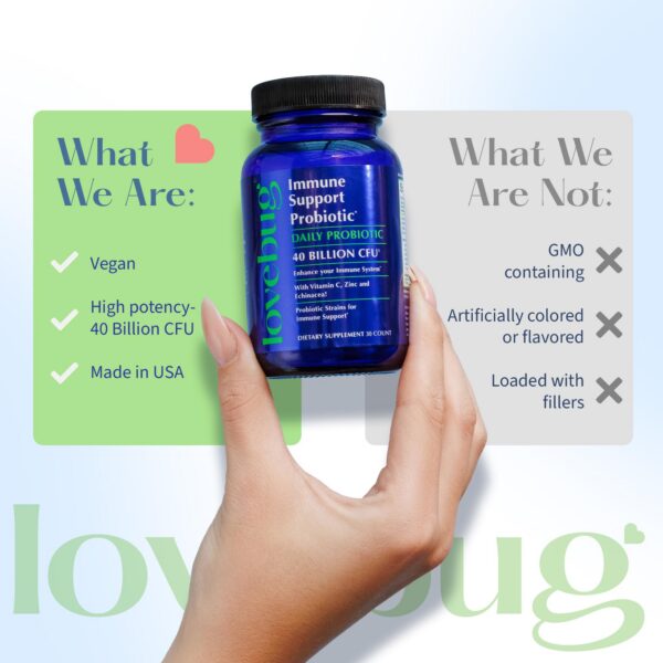 Version 1.0.0 bote de probióticos lovebug abierto con cápsulas visibles