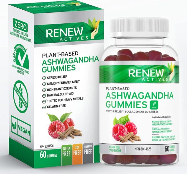 Botella con 60 gomitas veganas de Ashwagandha Renew Actives