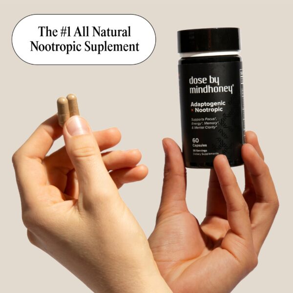 Version 1.0.0 Botella abierta con cápsulas nootrópicas Mindhoney para enfoque
