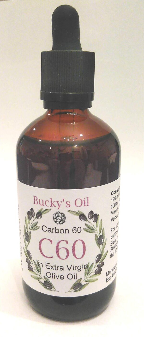 Botella aceite oliva virgen extra con C60 Bucky's Oil