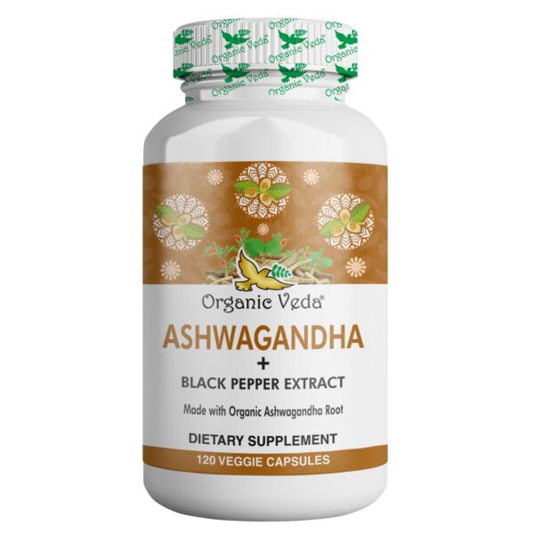 Botella Ashwagandha Organic Veda 1500mg con pimienta negra