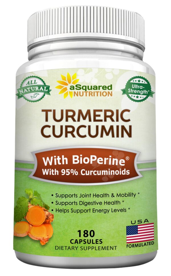 Botella aSquared Nutrición cúrcuma 1600mg con cápsulas BioPerine