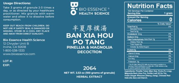Botella Ban Xia HOU Pu Tang 100g etiqueta suplemento tradicional