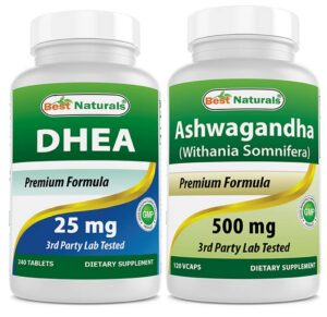 Botella Best Naturals DHEA 25mg y Ashwagandha 500mg suplemento