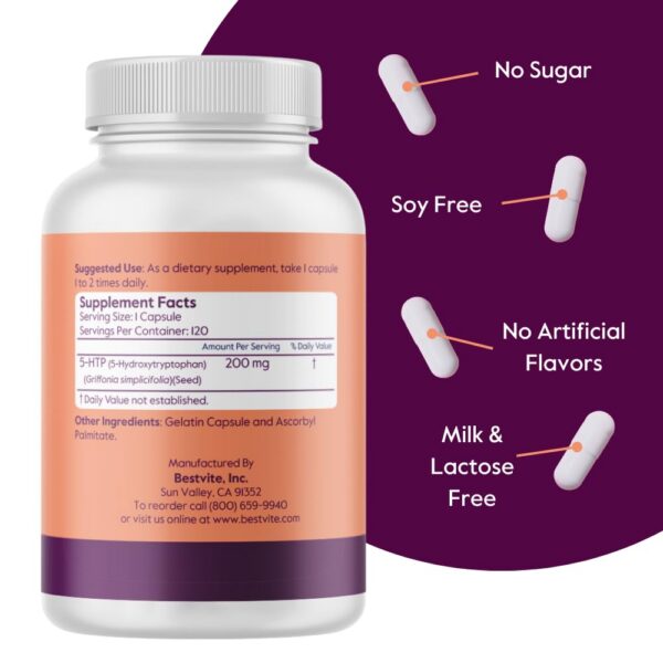 Frasco BESTVITE 5-HTP mostrando etiqueta frontal