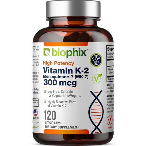 Botella biophix vitamina K2 MK-7 300 mcg 120 cápsulas veganas