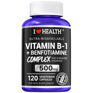 Botella blanca de cápsulas I LOVE HEALTH Vitamina B1 y Benfotiamina 120 unidades
