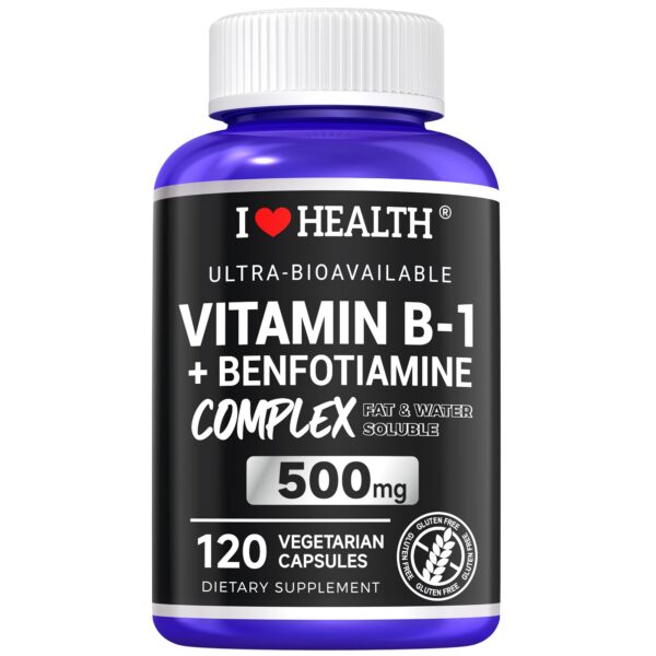 Botella blanca de cápsulas I LOVE HEALTH Vitamina B1 y Benfotiamina 120 unidades