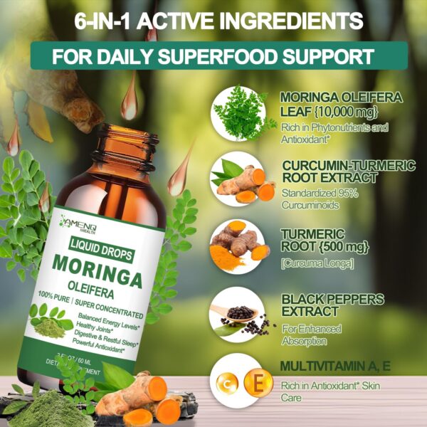 Version 1.0.0 Botella y caja de gotas líquidas de moringa y cúrcuma AMENQ hHEALTH