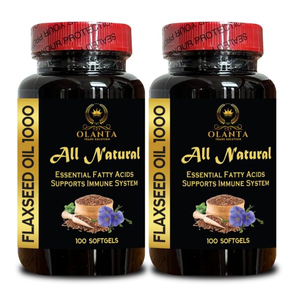 Botella de cápsulas de aceite de linaza prensado en frío OLANTA