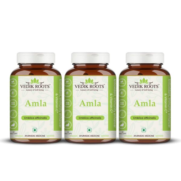 Botella de cápsulas de Amla orgánicas Vedikroots antioxidantes.