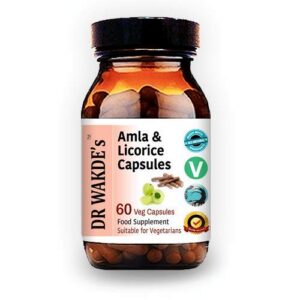 Botella de cápsulas amla y regaliz Dr Wakde's 60 veg caps