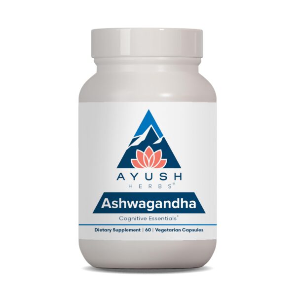 Botella cápsulas Ayush Herbs Ashwagandha 500mg 60 caplets vegetarianos