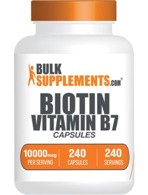 Botella de cápsulas de biotina BulkSupplements 10000mcg para cabello