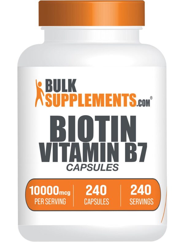 Botella de cápsulas de biotina BulkSupplements 10000mcg para cabello