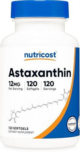 Botella de cápsulas blandas Nutricost Astaxantina 12mg con 120 dosis