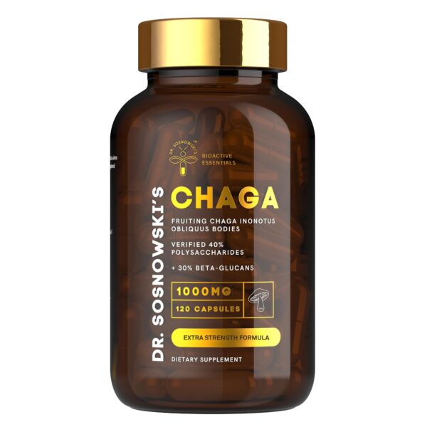 Botella de cápsulas de Chaga BioActivo 1000mg de Dr Sosnowski