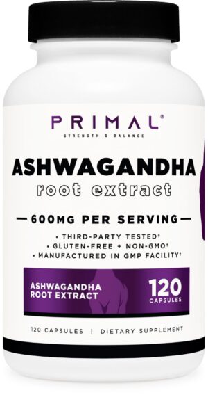 Botella de cápsulas de extracto de raíz de Ashwagandha Primal