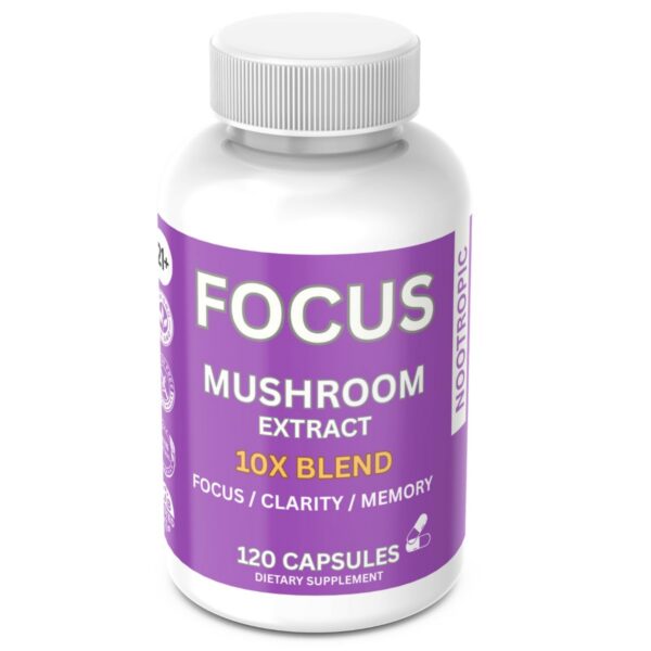 Botella de cápsulas Focus 10x Complex con mezcla de hongos