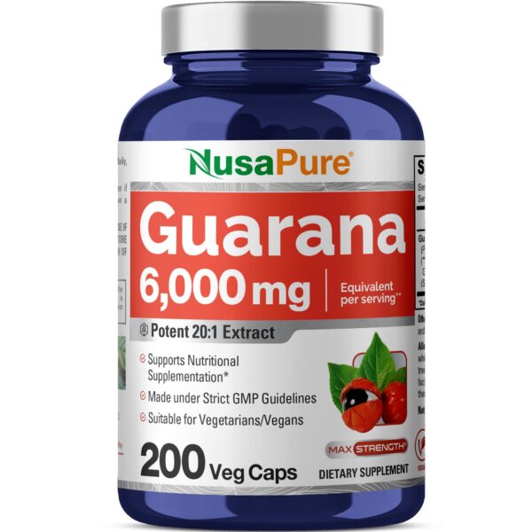 Botella de cápsulas vegetales de guaraná NusaPure 6000mg