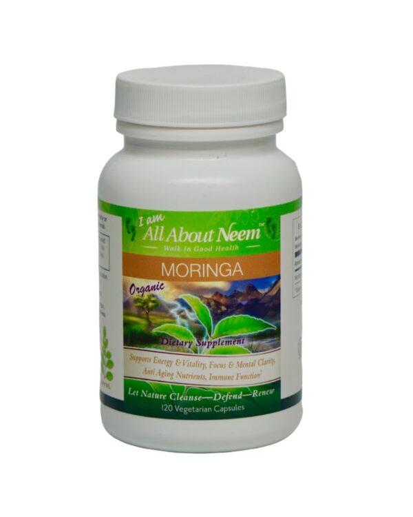 Botella de cápsulas orgánicas de moringa All About Neem para energía
