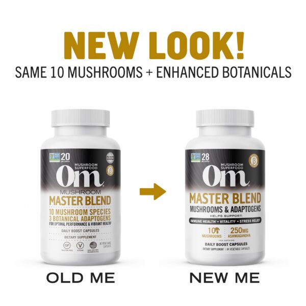 Botella abierta cápsulas OM Mushroom suplemento de hongos