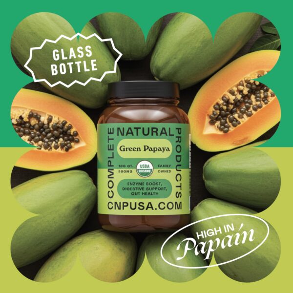 Botella con cápsulas y empaque de papaya verde