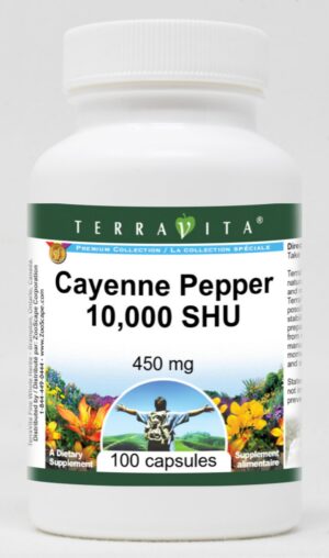 Botella sellada de cápsulas pimienta de cayena 10,000 SHU TerraVita