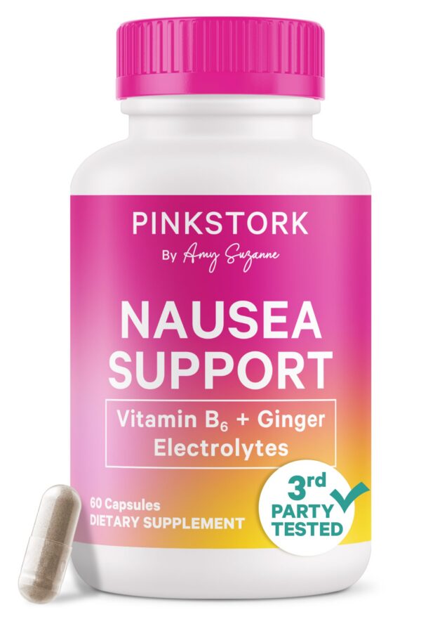 Botella y cápsulas Pink Stork vitamina B6 con jengibre y electrolitos