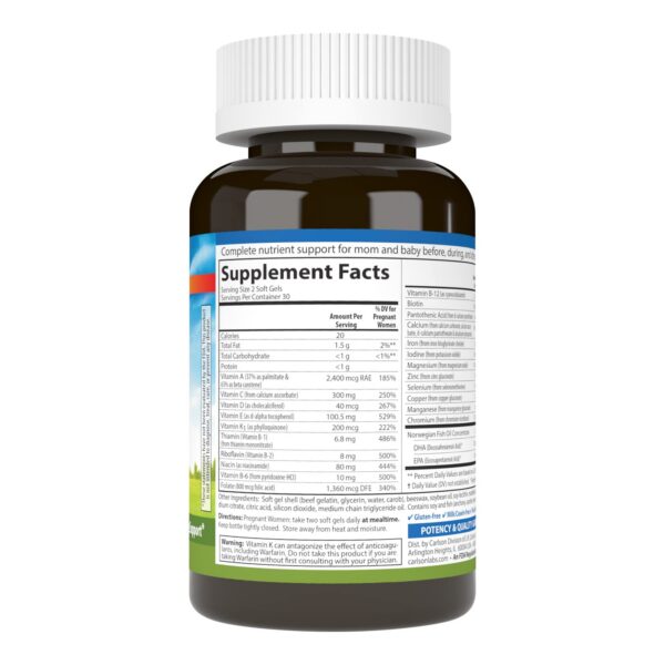 Botella cápsulas prenatales Carlson DHA y vitamina D3