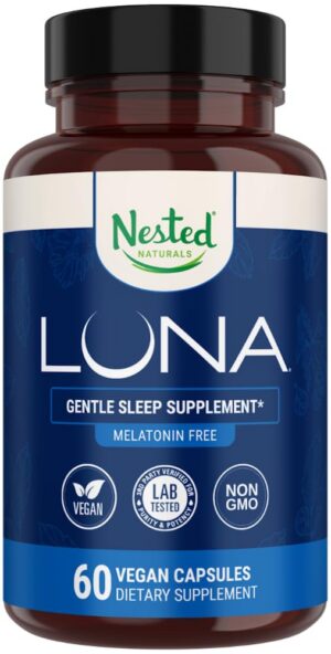 Botella de cápsulas veganas Luna para apoyo natural al sueño