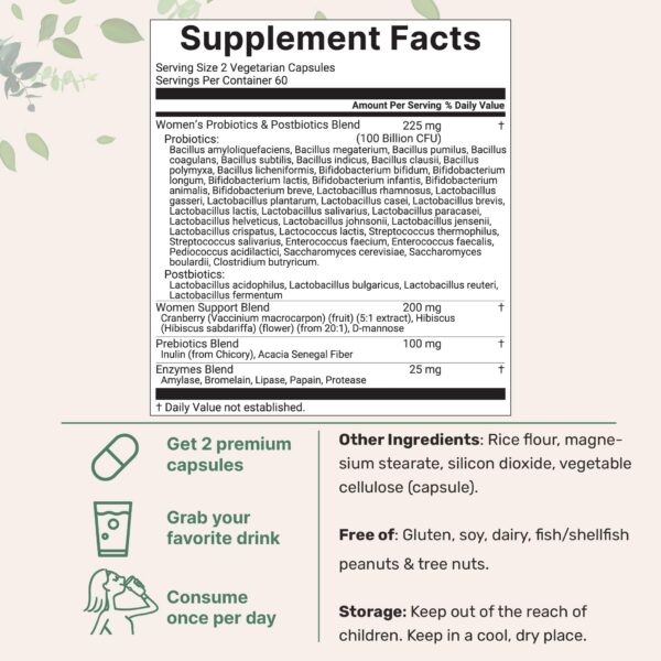 Botella de cápsulas vegetales de probióticos para mujeres