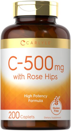 Botella de Carlyle Vitamina C-500 con rosa mosqueta.
