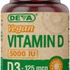 Botella DEVA vitamina D3 vegana 5000 UI 90 cápsulas