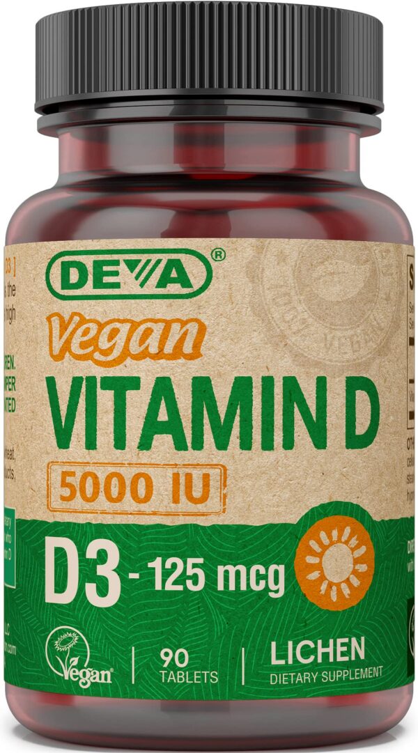 Botella DEVA vitamina D3 vegana 5000 UI 90 cápsulas