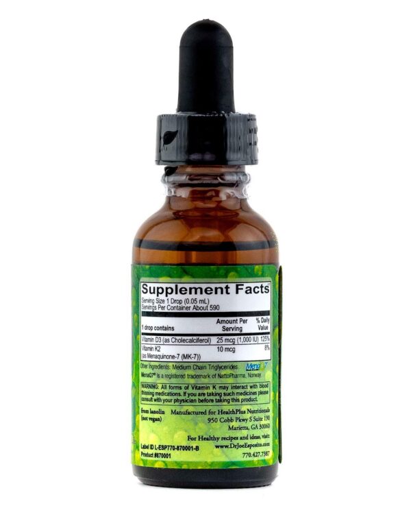 Botella Dr Joe's Mega Líquido vitamina D3 K2 1 fl oz