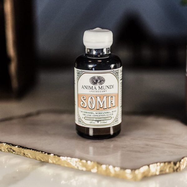 Botella de elixir de hongos con ingredientes orgánicos