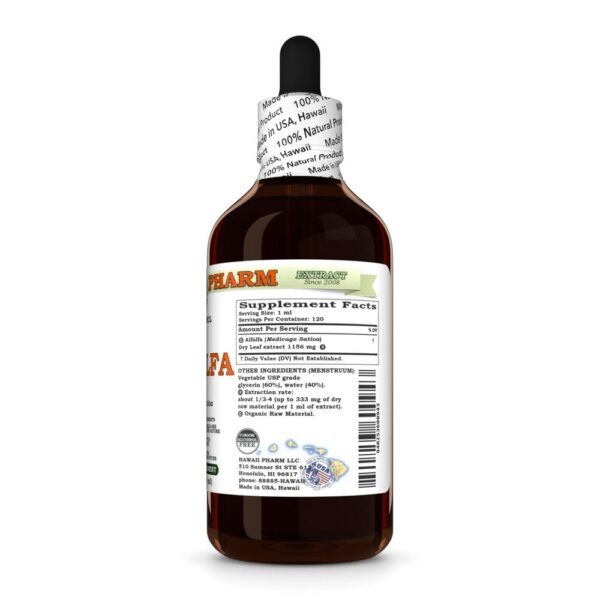 Botella de extracto de alfalfa orgánica sin alcohol Hawaii Pharm 4 oz