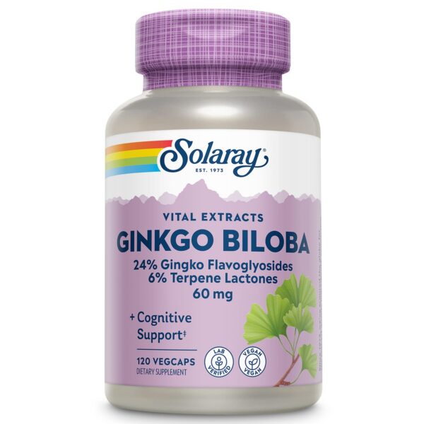 botella extracto ginkgo biloba solaray 60mg 120 cápsulas veganas