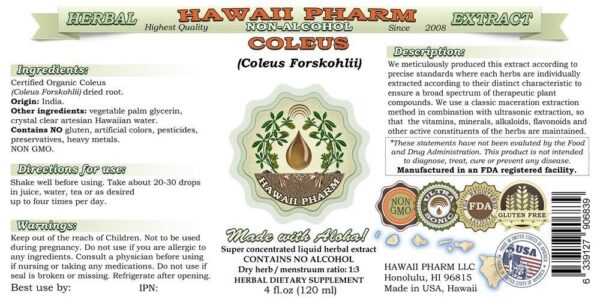 Botella extracto herbal Coleus sin alcohol Hawaii Pharm calidad premium