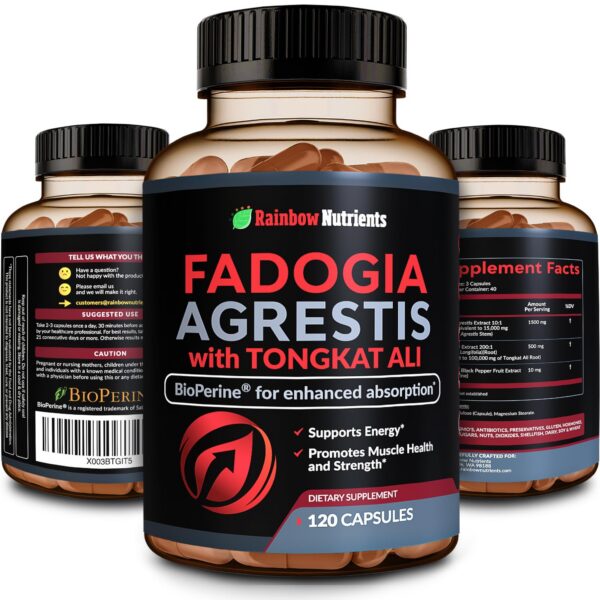 Version 1.0.0 frontal botella Fadogia Agrestis Tongkat Ali BioPerine 120 cápsulas