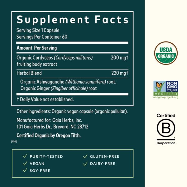 Botella Gaia Herbs adaptógenos con cordyceps y ashwagandha