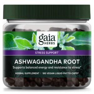 Botella de Gaia Herbs raíz de ashwagandha orgánica 180 tabletas