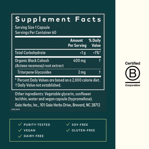 Botella Gaia Herbs suplemento cohosh negro orgánico para mujeres