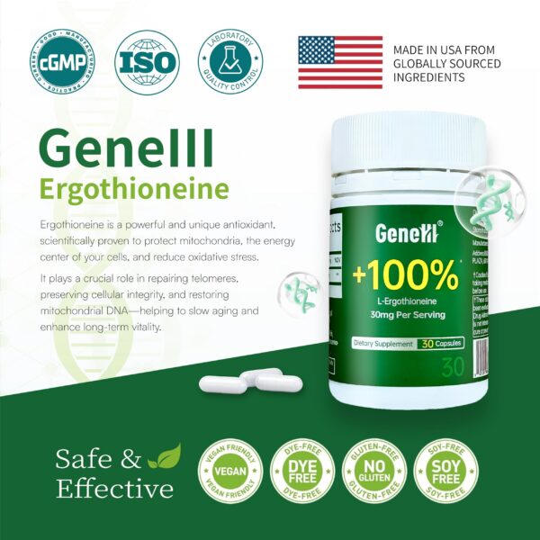 Version 1.0.0 Botella GENEIII L-Ergothioneine 30 cápsulas anti edad y sistema inmune