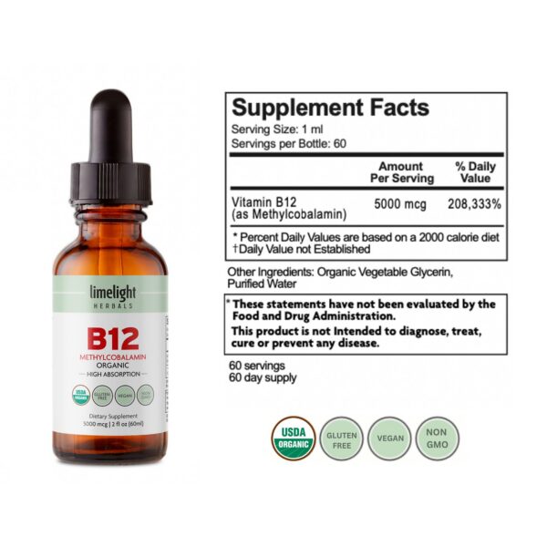Botella gotas B12 orgánicas LIMELIGHT HERBALS apoyo salud energía 60 días